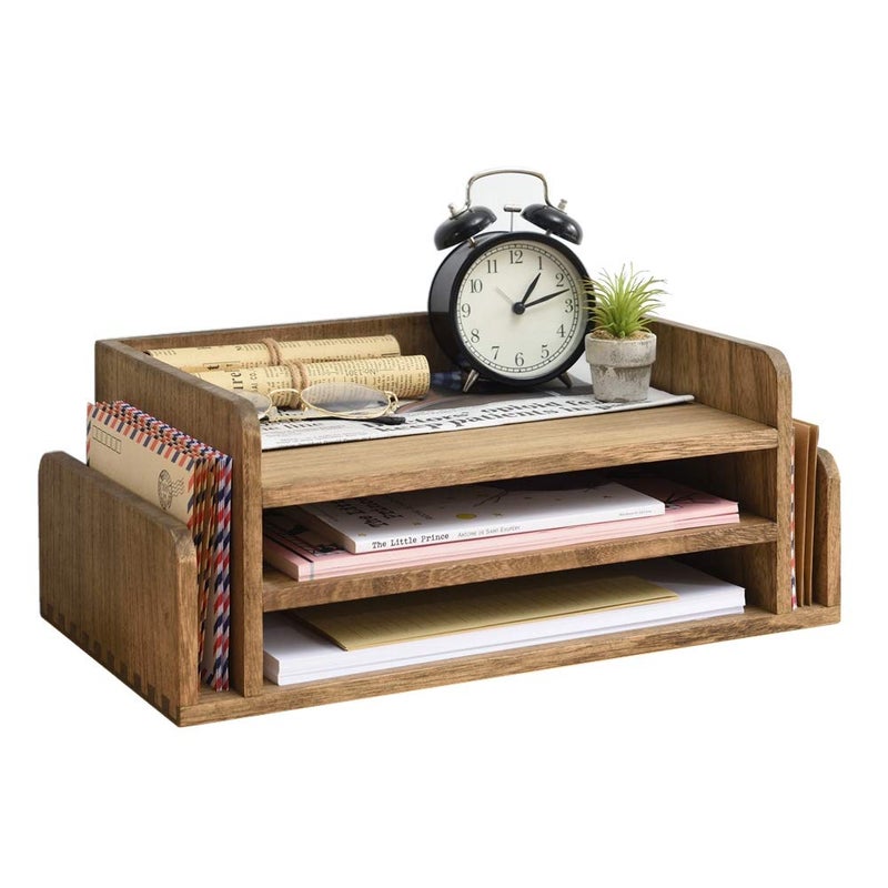 KIRIGEN Wood Desk Organizer 5 Trays - Desktop Document Letter Tray for Folders, Mail,File -Nature 3-Tier Office Mail Sorter Organizer Rack/Telephone Stand/Document Holder Dark Brown(2TP-DBR) - Image 1